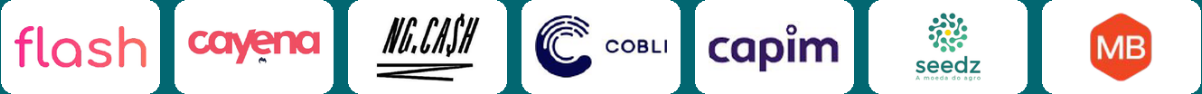 Logos de Flash, Cayena, NG.Cash, Cobli, Capim, Seedz e Mercado Bitcoin