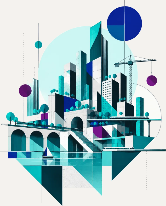 Ilustração de uma cidade com prédios e conexões