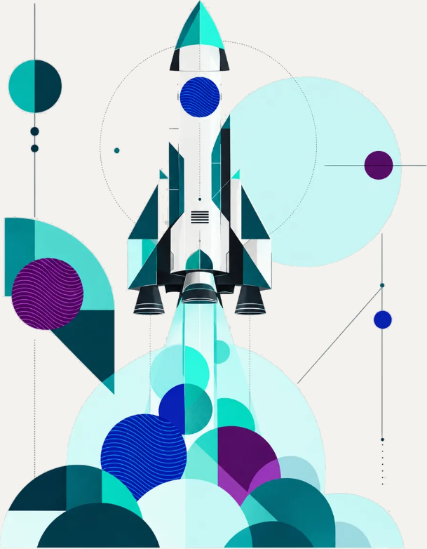 Ilustração de um foguete decolando entre círculos e formas geométricas, símbolo da escala das scale-ups